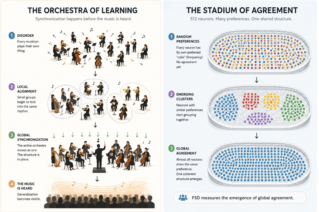 Orchestra of learning: disorder, local alignment, global synchronization, then the audience finally hears the music