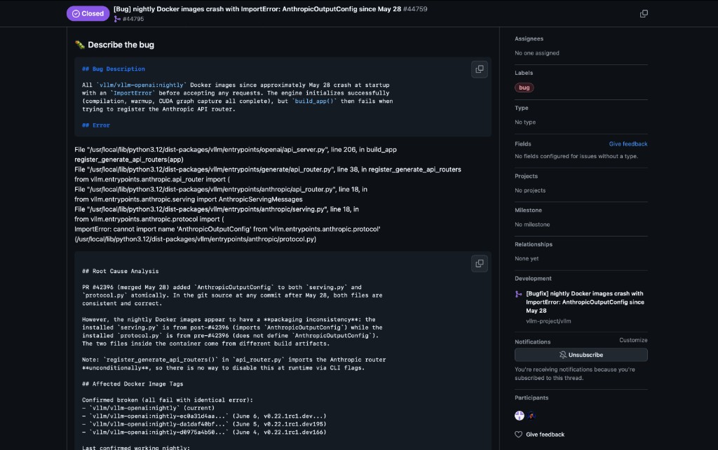 GitHub issue 44759 showing ImportError AnthropicOutputConfig in vLLM nightly Docker images with root cause analysis