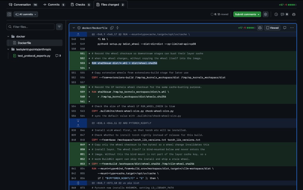 GitHub PR 44795 Files changed showing wheel.sha256 checksum additions in docker/Dockerfile