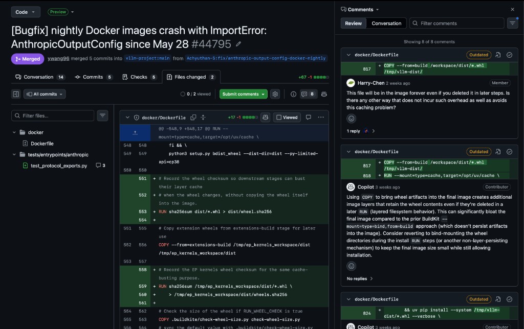 GitHub PR 44795 review by Harry-Chen on Dockerfile COPY layer bloat with diff visible