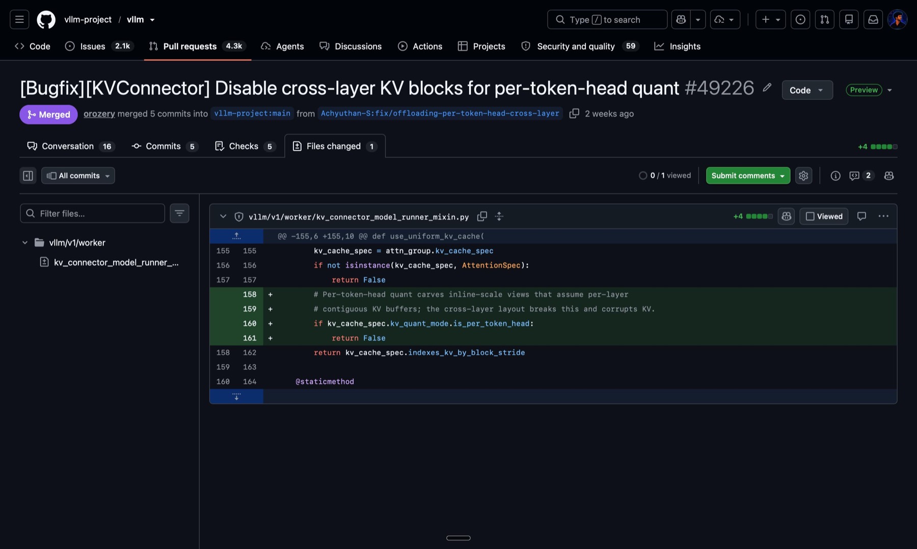 GitHub files-changed view showing the four added lines in kv_connector_model_runner_mixin.py